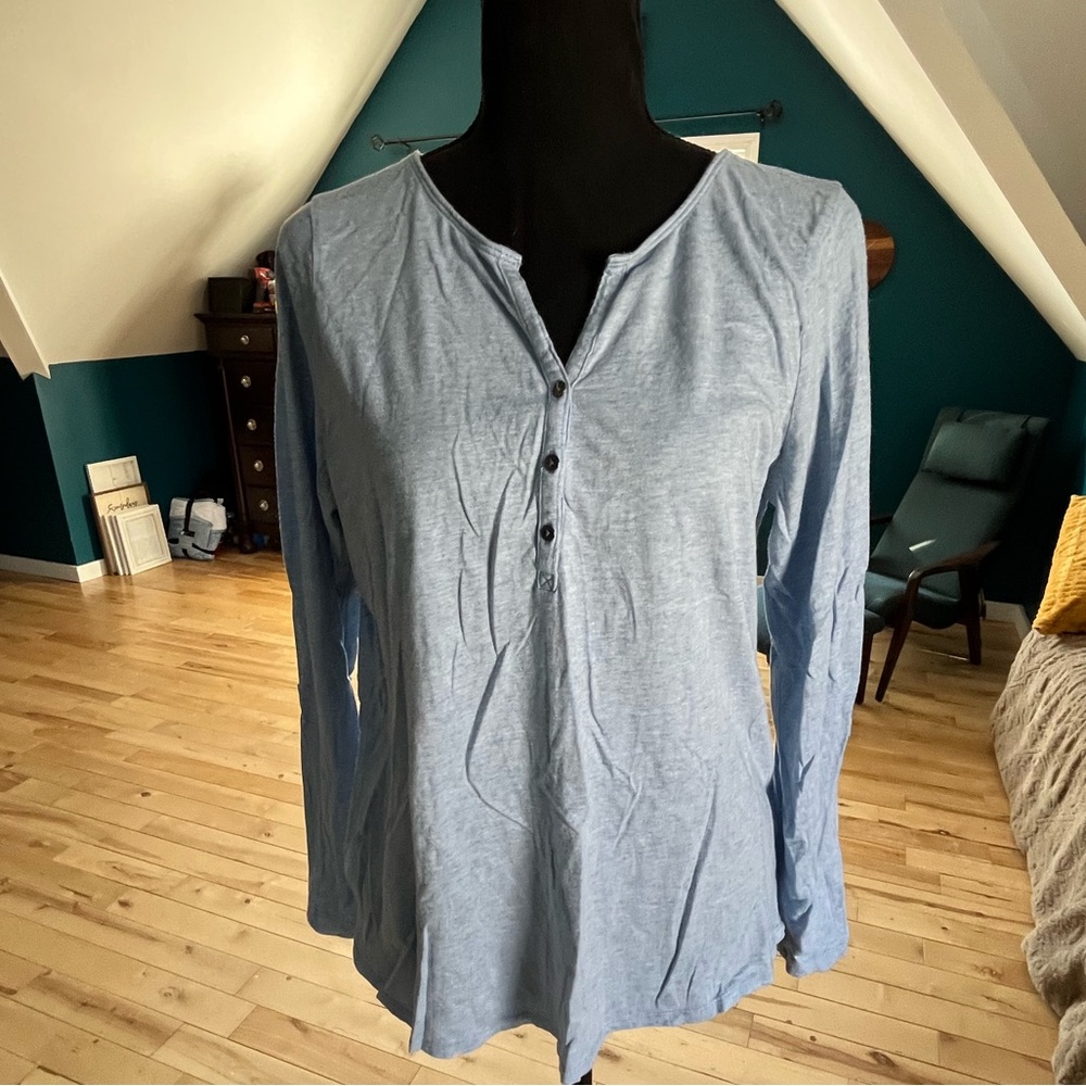 L.L. Bean blue splitneck long sleeve henley top with roll-up sleeves. Size M